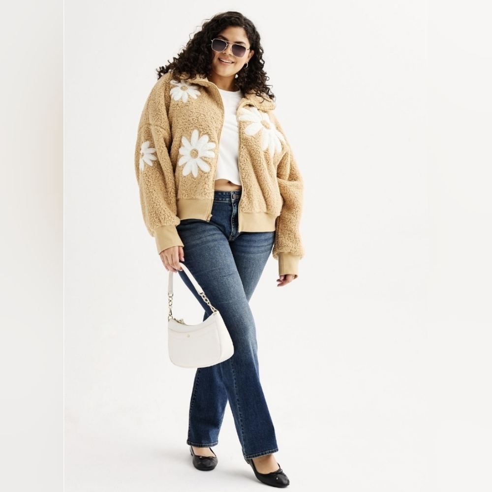 SO Brand TAN Color full Zip Sweater Jacket With Daisy Applique